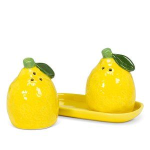 Set of Lemons, Oversized Salt & Pepper Ceramic Shakers on Tray